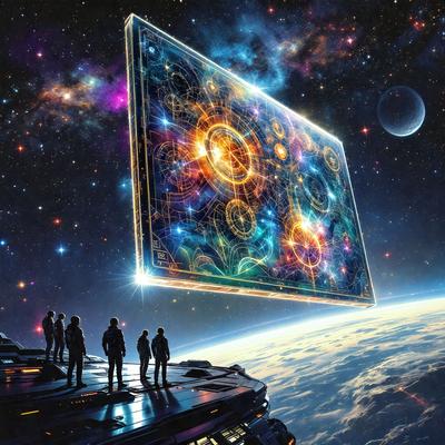 The primary subject of the image is a large, colorful, and intricate painting or drawing of a clock. The setting is a space scene, with the painting or drawing floating in the air. The visual style appears to be a combination of digital art and illustration, creating a vibrant and dynamic atmosphere. The dominant colors are blue, green, and purple, which contribute to the overall mood of the scene.